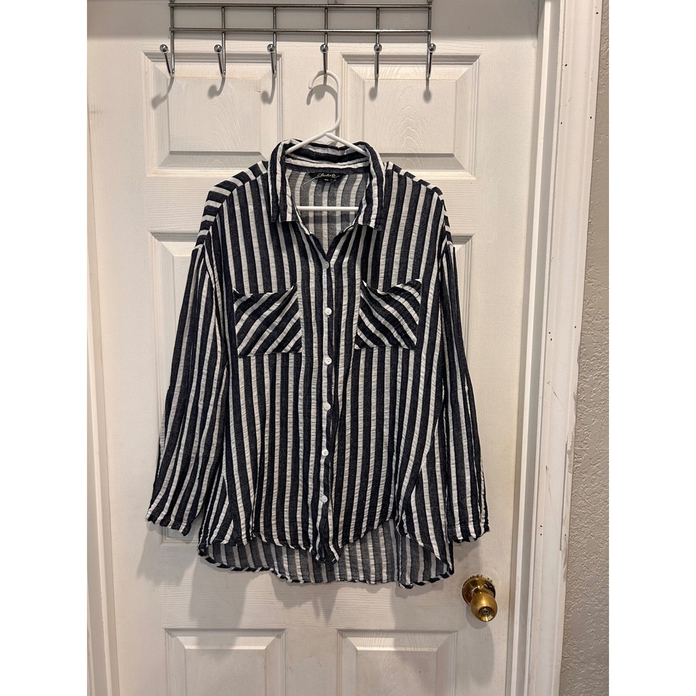 Charlie B Womens Navy White Striped Linen Blend‎ Button Up Shirt Large Coastal